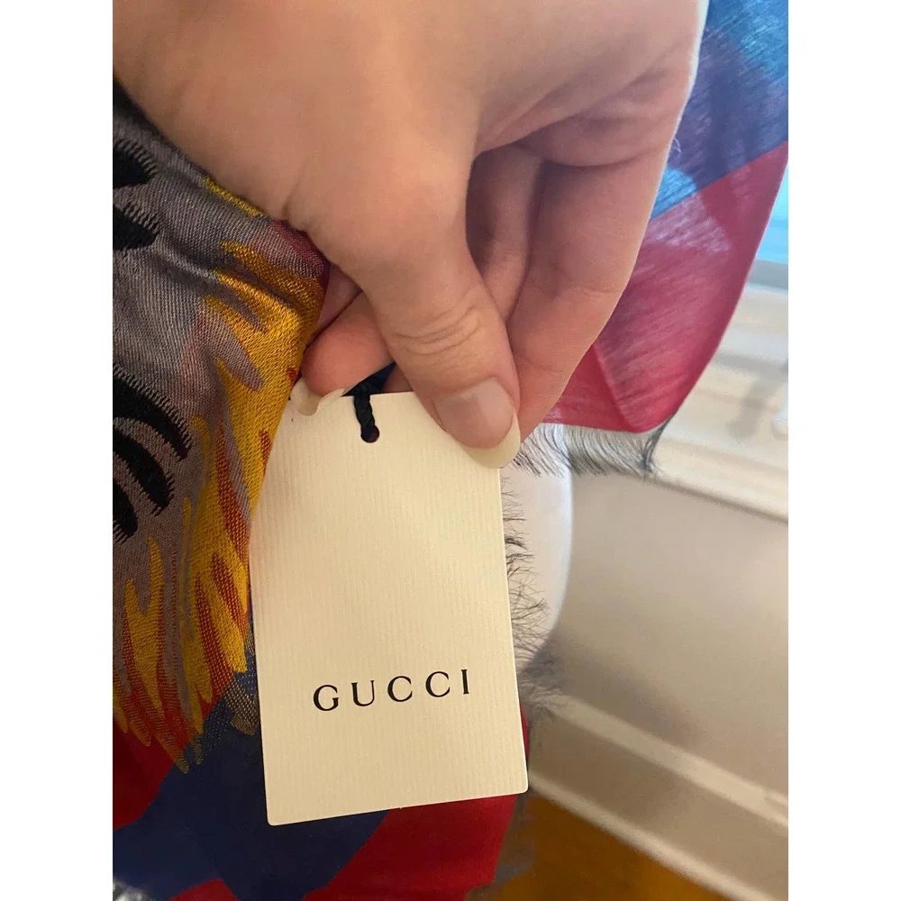 NWT Gucci Shining Tiger Head Red and Blue Stripe Scarf Wrap - Picture 5 of 9